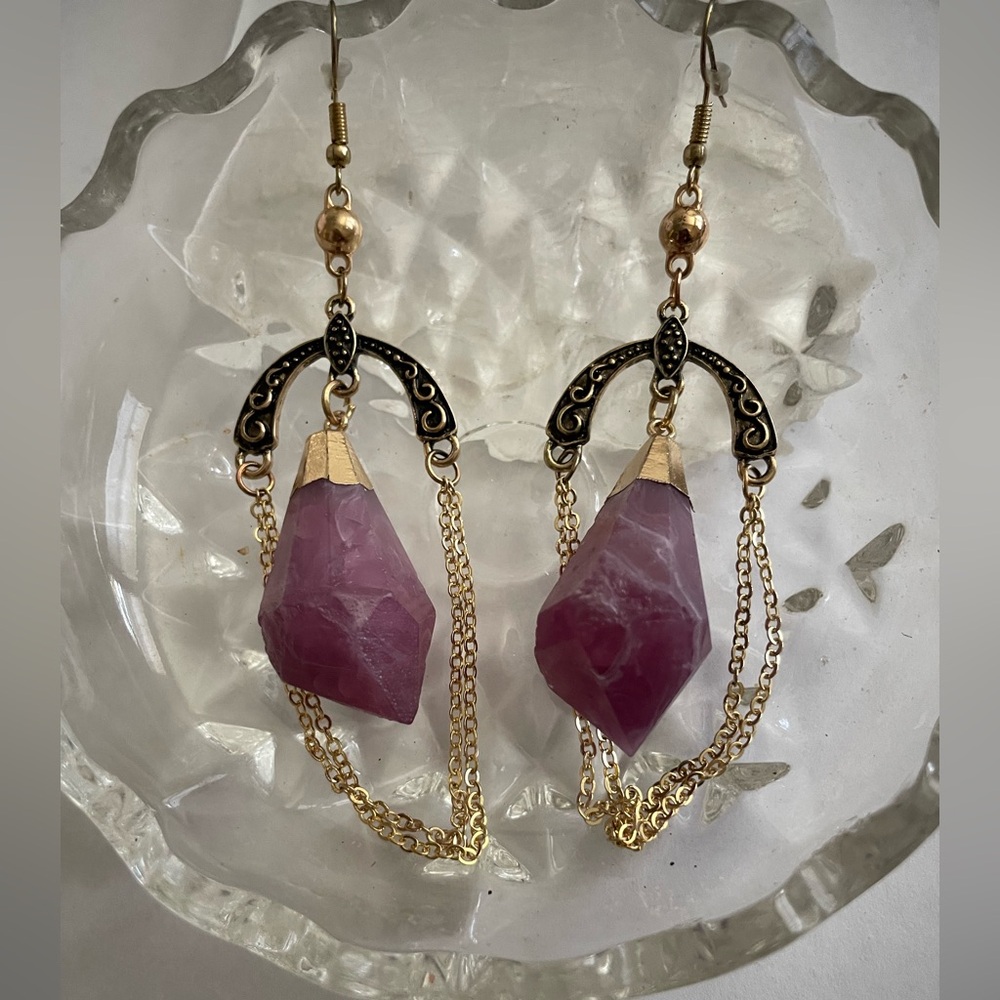 Geometric Purple and Gold Dangle Earrings